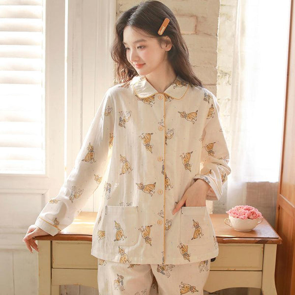 100% Cotton Double-Layer Gauze Women's Long Sleeve Lounge Set, comfortable and breathable for home lounging and sleepwear