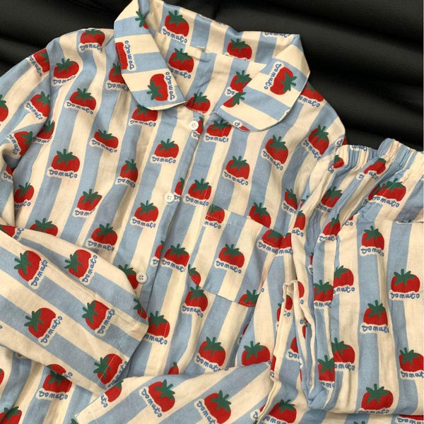 All Season Pure Cotton Loungewear Set with Tomato Print, offering cozy and playful comfort for lounging or casual wear throughout the year