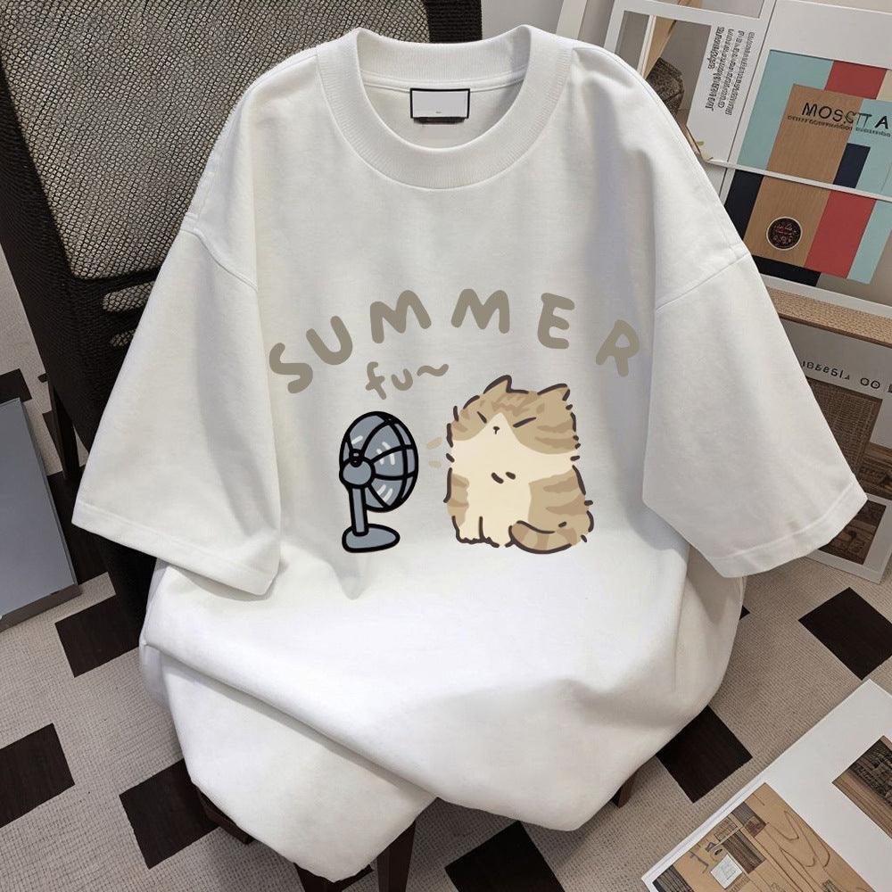 Cotton T-Shirt with Cute Cat and Fan Design – Playful, comfortable, and stylish for casual wear