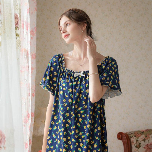 Fleur de Minuit French nightgown with deep blue floral print, soft and breathable for elegant and cozy sleepwear