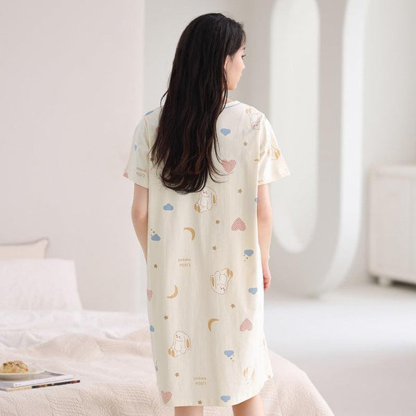 Soft Cloud Lullaby cotton nightgown featuring moons, stars, bunnies, and clouds for a dreamy and breathable sleepwear experience